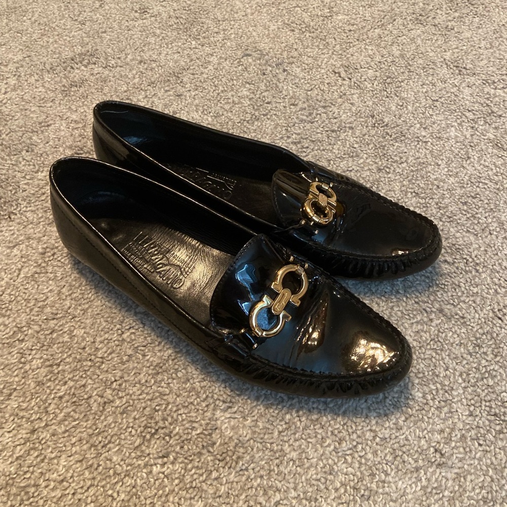 Salvatore Ferragamo Black Patent Leather Loafers with Gold Hardware